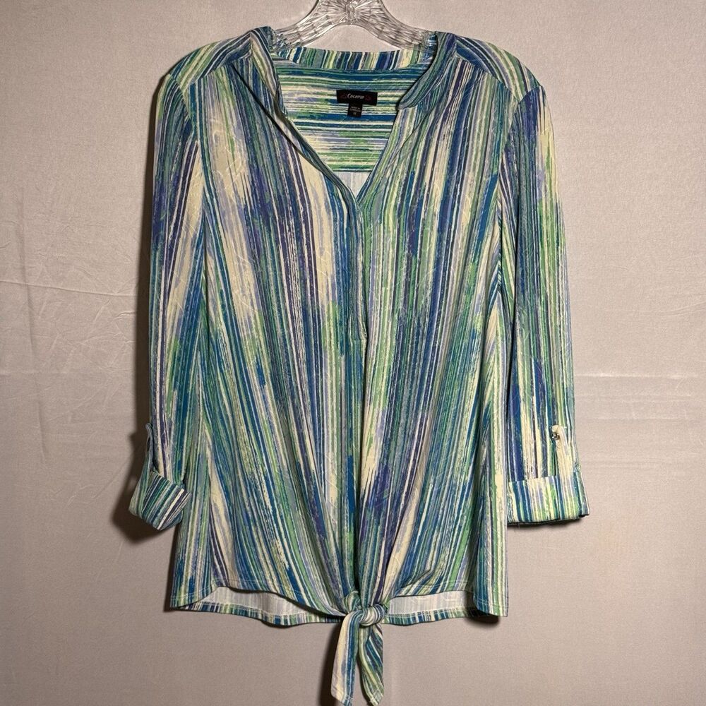 Cocomo Blouse M Blue Green Stripe Tie Front Roll Tab Sleeve Casual Boho Top